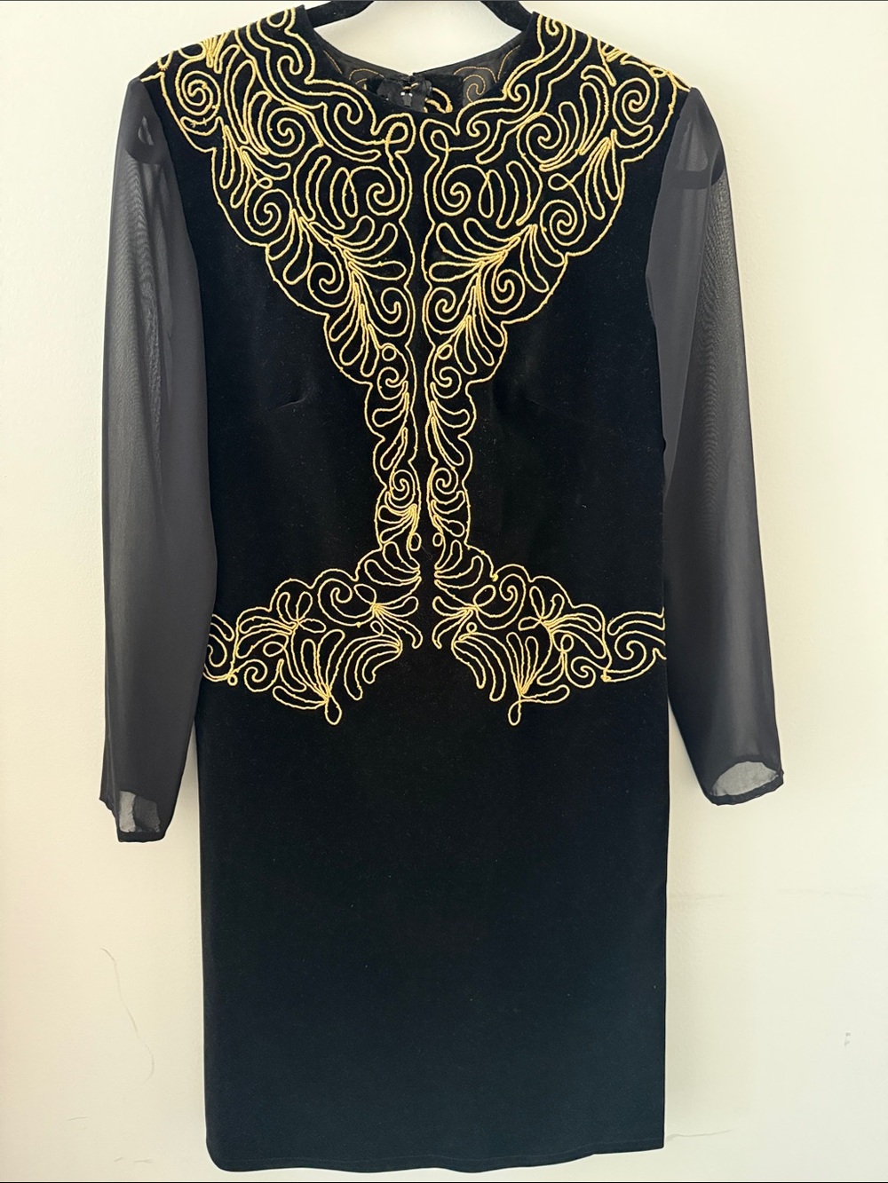 Black Vintage Velvet Midi Dress with Gold Embroidery